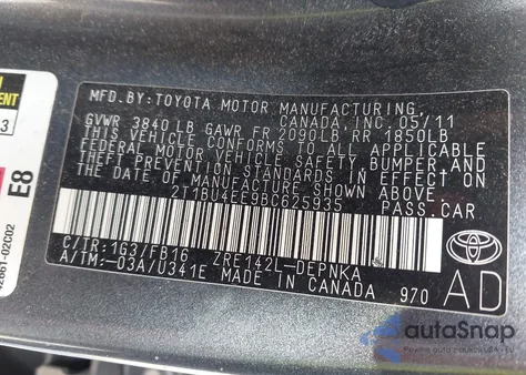 2011 Toyota Corolla Le z USA, uszkodzony, nr VIN 2T1BU4EE9BC625935